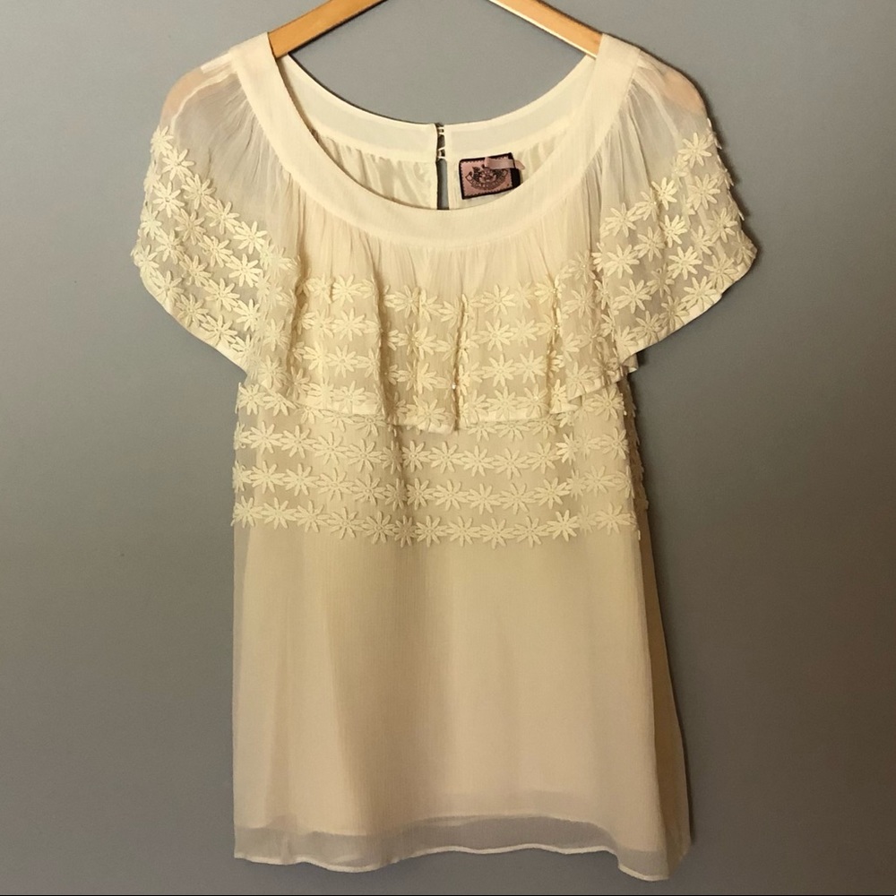 Juicy Couture overlay floral appliqué blouse.